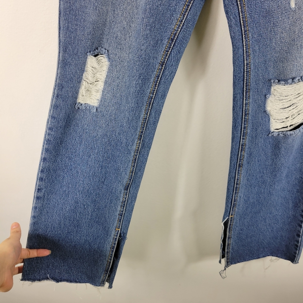 New Avec Les Filles High Waist Distressed Straight Leg Split Hem Raw Hem Jeans - Picture 4 of 13